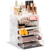 Sorbus acrylic makeup organizer marble print keeps brushes and lipsticks neatly organized and within reach.