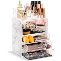Sorbus acrylic makeup organizer marble print keeps brushes and lipsticks neatly organized and within reach.