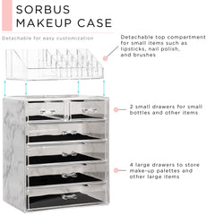 Sorbus marble print acrylic organizer offers top compartments for brushes and a versatile storage layout.