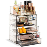 Sorbus acrylic makeup organizer top compartment for brushes and jewelry.