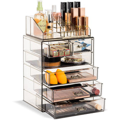 Sorbus acrylic makeup organizer top compartment for brushes and jewelry.
