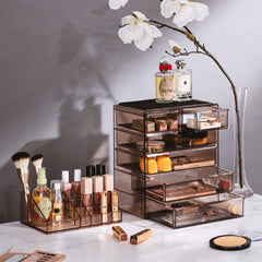 Sorbus bronze glow finish close-up highlights clear acrylic and modern vanity appeal.