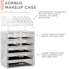 Sorbus clear cosmetic organizer marble print top slots keeping items upright and visible