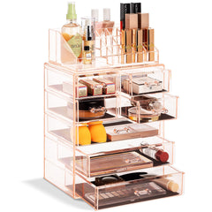 Sorbus Clear Cosmetic Makeup Organizer top view shows transparent compartments for easy vanity access.