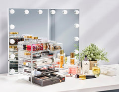 Sorbus clear makeup storage vanity drawers showing easy access to brushes and cosmetics