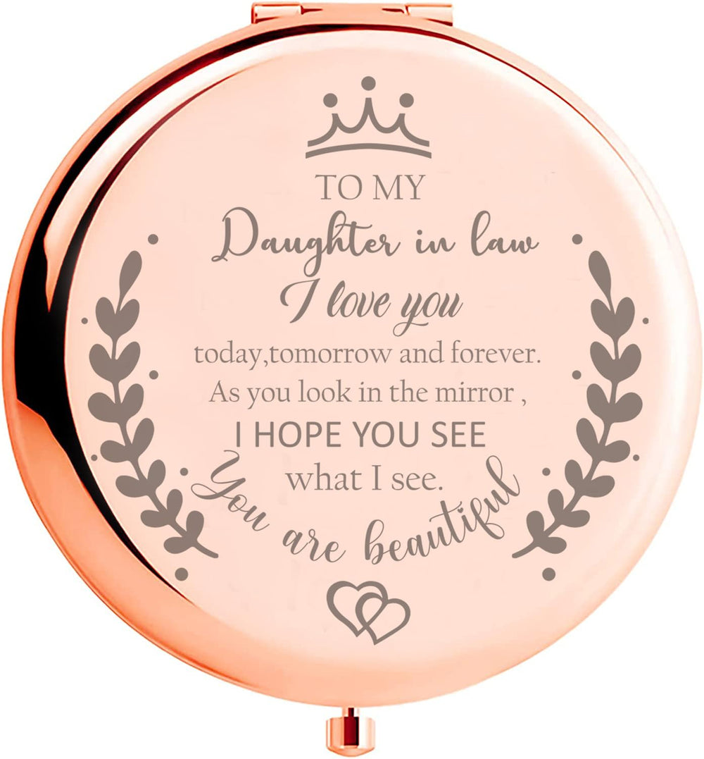 Soulpetals engraved daughter-in-law compact mirror closeup with heartfelt message for wedding-day prep