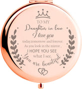 Soulpetals engraved daughter-in-law compact mirror closeup with heartfelt message for wedding-day prep