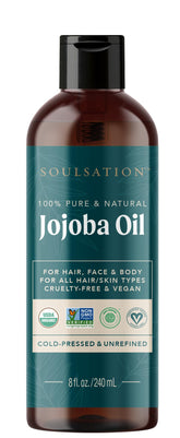 SOULSATION jojoba oil bottle 8oz, pure and cold-pressed hydration for skin and hair.