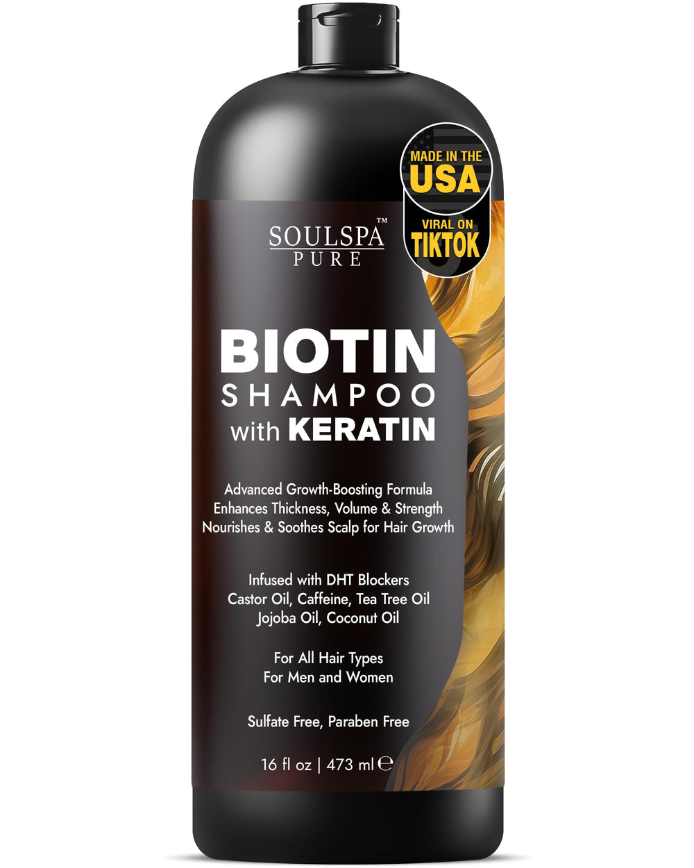 SoulSpa Pure Biotin Shampoo bottle front highlights anti-thinning potential for fuller hair.