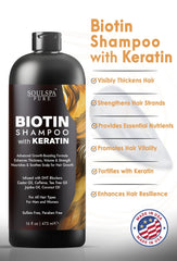 SoulSpa Pure Biotin Shampoo pump application shows easy daily use and scalp nourishment.