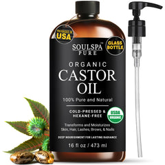 SoulSpa Pure castor oil bottle in amber glass with pump for easy daily use