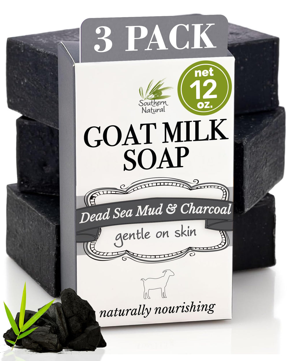 Southern Natural charcoal soap closeup lather demonstrates rich cleansing for face and body.