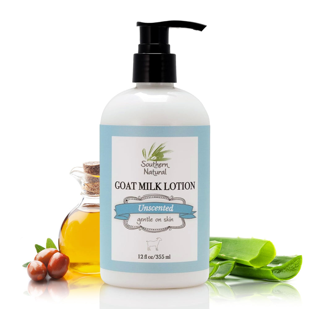 Southern Natural Goat Milk Lotion bottle front shows gentle unscented hydration for dry skin