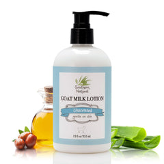Southern Natural Goat Milk Lotion bottle front shows gentle unscented hydration for dry skin