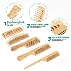 SouxMux bamboo comb set wide-tooth with-handle showing ergonomic grip for comfortable styling.
