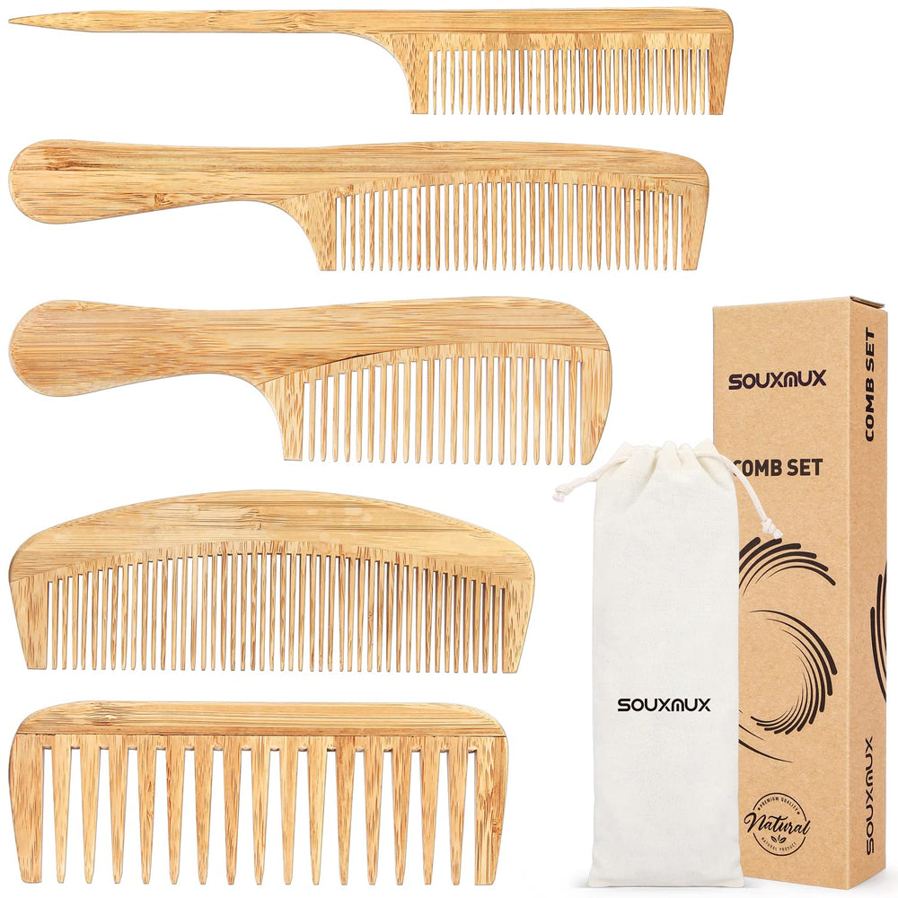 SouxMux bamboo comb set wide-tooth close-up highlighting smooth rounded teeth for gentle detangling.