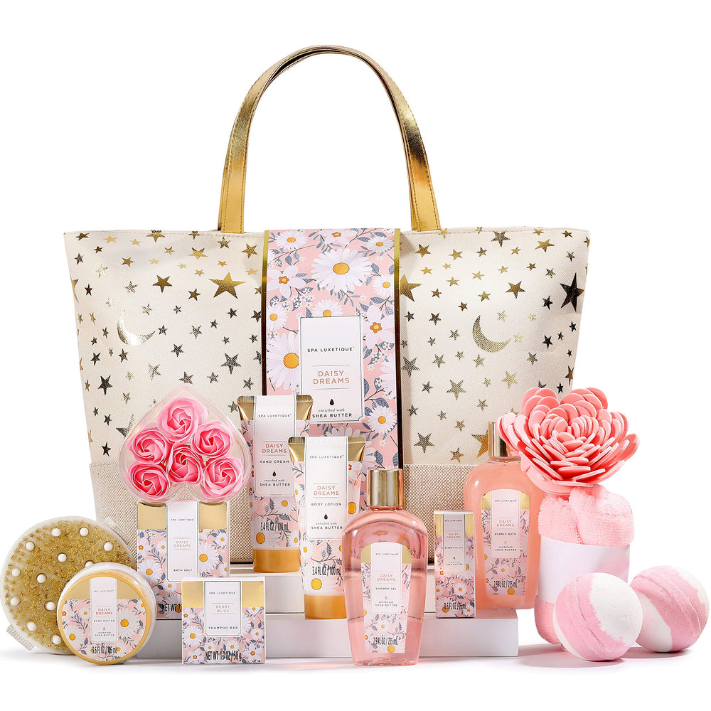 Spa Luxetique Daisy Dream gift basket showing bath gel, lotion, and tote for at-home spa