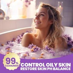 Spa Luxetique lavender bath set in a calm bathroom for at-home spa.