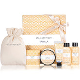 Spa Luxetique vanilla bath set overview showcasing luxurious products and packaging.
