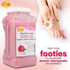 SPA REDI Sensual Rose Pumice Scrub Gel with hyaluronic acid visual suggests deep hydration during exfoliation.