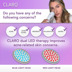 Spa Sciences CLARO blue LED close-up illustrating targeted, gentle light for blemish treatment.