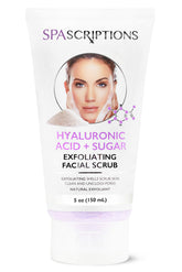SpaScriptions Face Scrub Hyaluronic Acid Sugar closeup highlighting hydrating exfoliation.