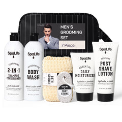 SpaLife 7-piece men's gift set packaging highlights travel-friendly grooming kit