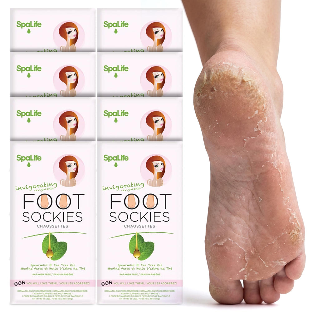 SpaLife moisturizing foot mask packaging closeup highlights spa-grade hydration for dry feet.