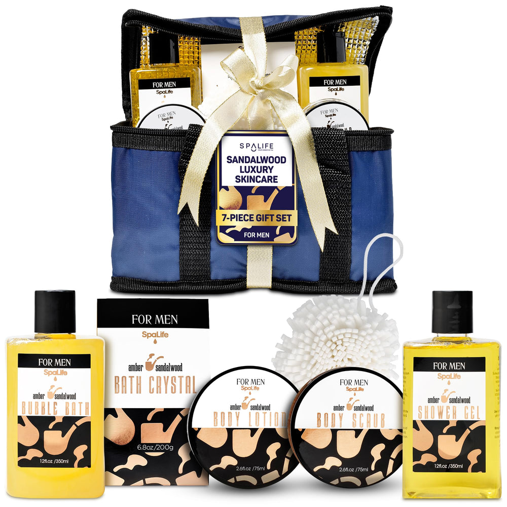 SpaLife sandalwood giftset body wash pour evokes masculine spa ritual and refreshed skin