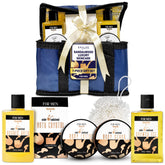 SpaLife sandalwood giftset body wash pour evokes masculine spa ritual and refreshed skin