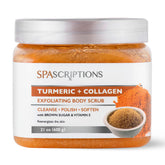 SpaScriptions Turmeric & Collagen Body Scrub jar—21 oz for long-lasting at-home spa care.