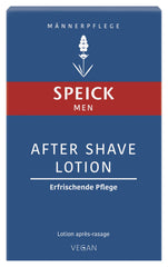 Speick After Shave Lotion packaging on shelf highlighting vegan formula for balanced skin.