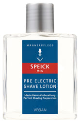Speick Men Pre Electric Shave Lotion bottle closeup with lavender infusion for prepping skin