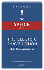 Speick Men Pre Electric Shave Lotion label packaging highlighting vegan formula and German origins