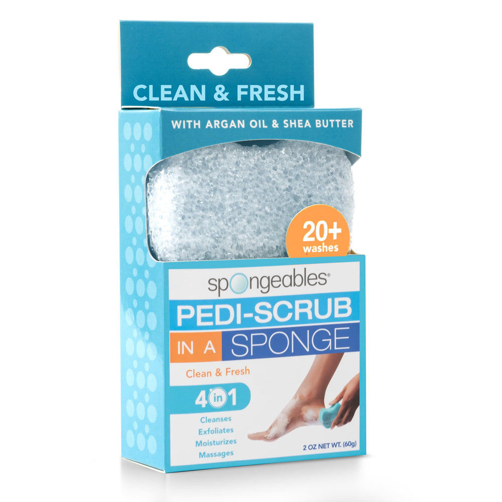 Spongeables Pedi Scrub Sponge packaged for easy at-home spa cleansing and refreshing scent.
