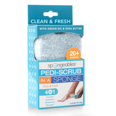 Spongeables Pedi Scrub Sponge packaged for easy at-home spa cleansing and refreshing scent.
