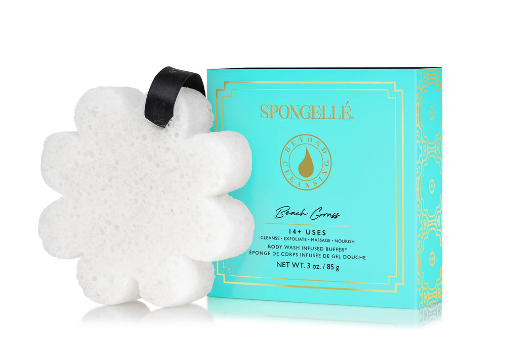 SPONGELLÉ Boxed Flower Buffer Beach Grass packaging shows travel-friendly design for on-the-go showers.
