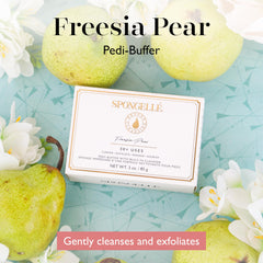 Spongellé Freesia Pear Pedi-Buffer packaged shows convenient spa-like foot care in one tool.