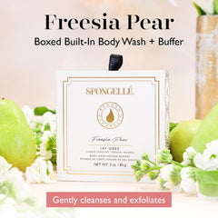 Spongellé Freesia Pear Wild Flower Buffer scrubber, ready for a refreshing shower ritual.