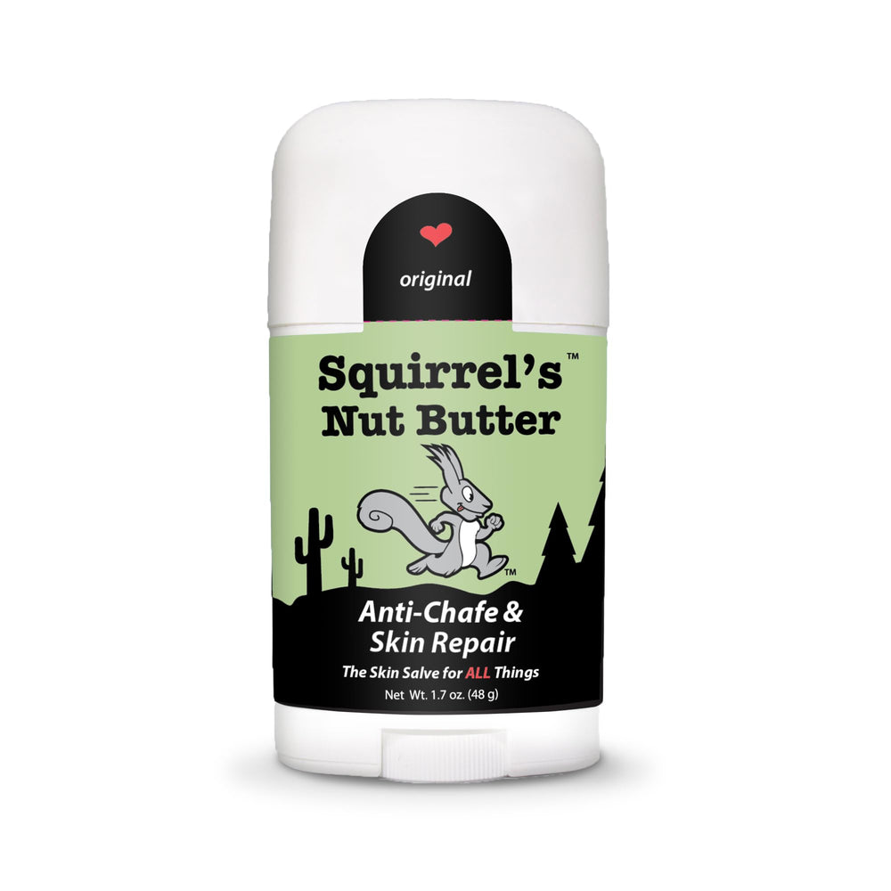 Squirrel's Nut Butter anti-chafing stick application shows a mess-free glide for runners.
