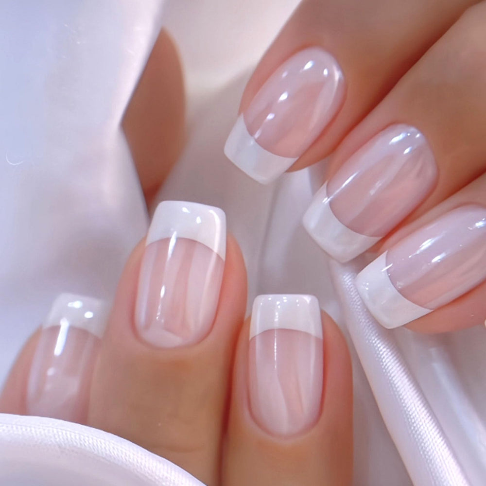 SRIMNUYY medium square press-on nails with white French tip and glitter for quick glam.