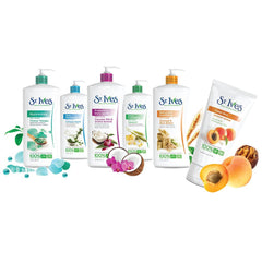 St. Ives bottle beside oats and shea nuts highlighting natural ingredients