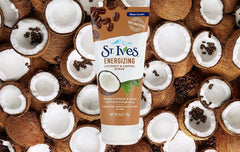 St. Ives coconut exfoliants visualize plant-based ingredients for gentle polishing.
