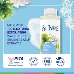 St. Ives Sea Salt & Pacific Kelp exfoliating foam shows rich suds ideal for full-body wash.