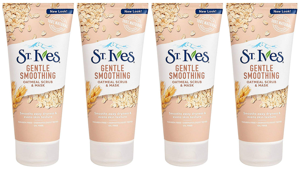 St. Ives Smooth & Nourished Scrub & Mask oatmeal-6oz-pack4 provides gentle exfoliation and nourishment.