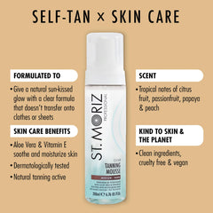 ST. MORIZ professional clear mousse with vitamin E promotes skin nourishment and a natural tan.