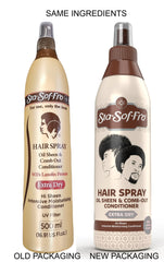 Sta-Sof-Fro hair spray application scene shows curl maintenance and smoother comb-outs.