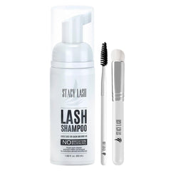 STACY LASH extension shampoo bottle demonstrates safe lash cleansing and natural lash care.
