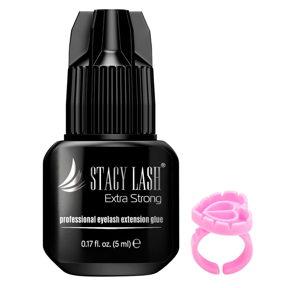 STACY LASH extra strong glue bottle closeup for reliable lash extensions retention.