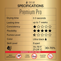 Stacy Lash Premium Pro black adhesive close-up highlights fast drying and smooth wrap.